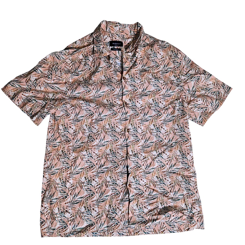 Bugatchi Mens Large Shaped Fit Comfort Stretch Tropical Palm Short Sleeve Shirt